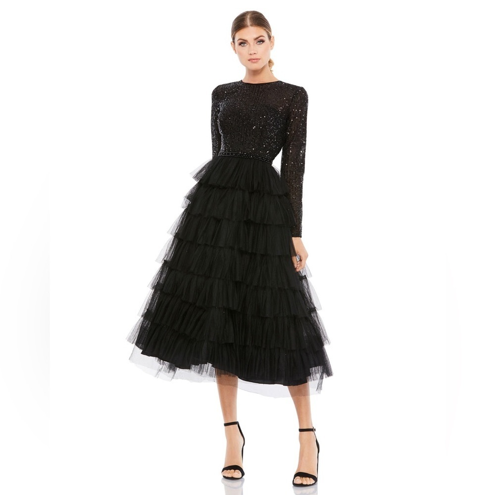 Mac Duggal Black Sequined Long Sleeve Tulle Ruffle Tiered Midi Dress US 2